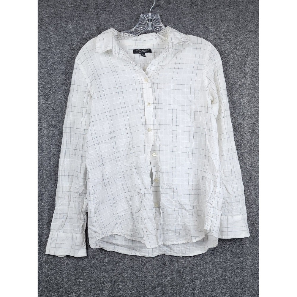 Banana Republic Dillon Shirt Women Medium White‎ Black Windowpane Grid Cotton